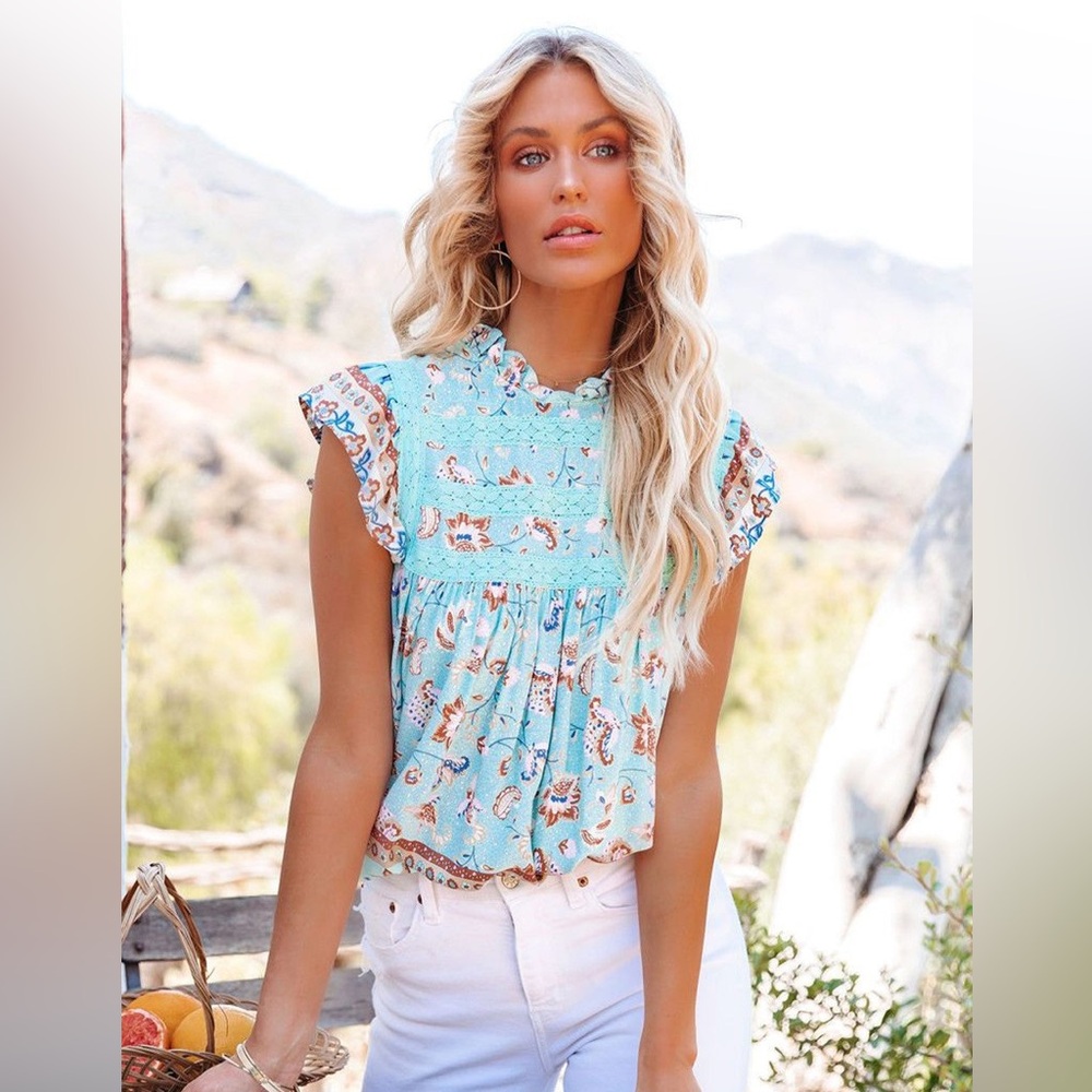 Boho Ruffle Cap-Sleeve Blouse in Aqua Floral